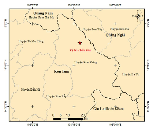 Bản đồ chấn tâm trận động đất có độ lớn 4,2. (Nguồn: Viện Vật lý Địa cầu)