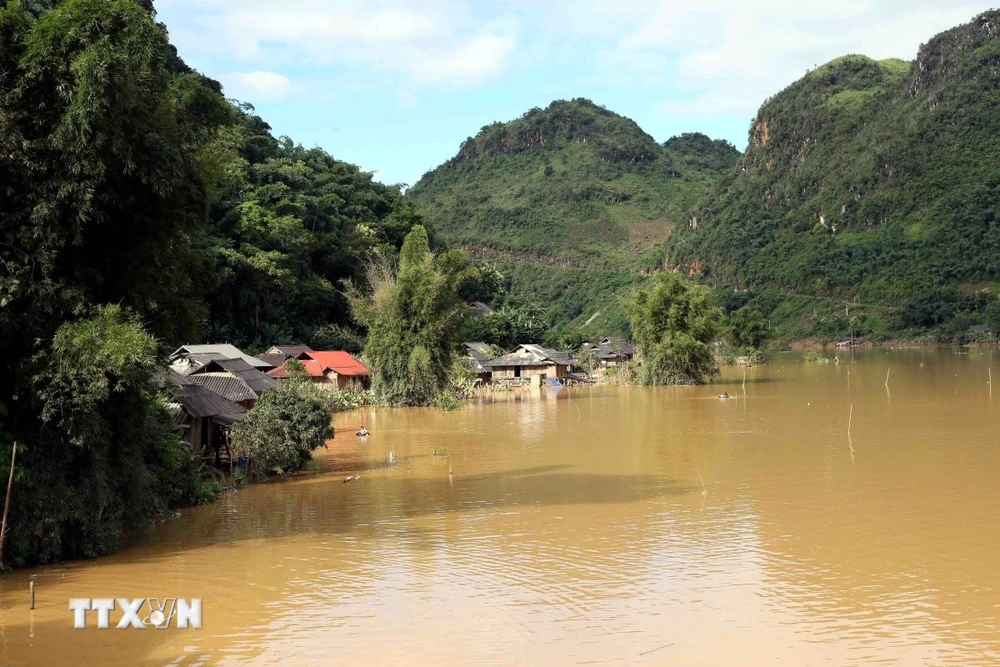 Sau trận mưa lớn, đường giao thông, diện tích trồng lúa, hoa màu của nhân dân bản Phé, xã Tông Cọ, huyện Thuận Châu, tỉnh Sơn La chìm trong biển nước. (Ảnh: Quang Quyết/TTXVN)