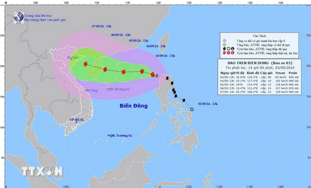 Hướng di chuyển của bão số 3. (Ảnh: TTXVN phát)