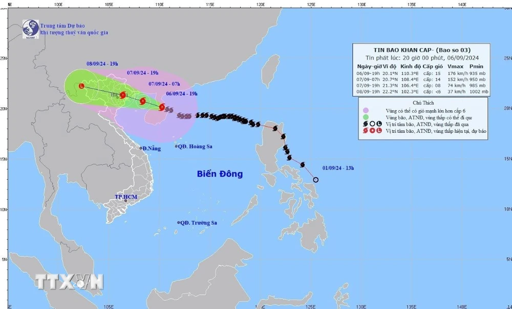 Bản đồ đường đi của bão số 3 lúc 19 giờ ngày 6/9. (Ảnh: TTXVN phát)