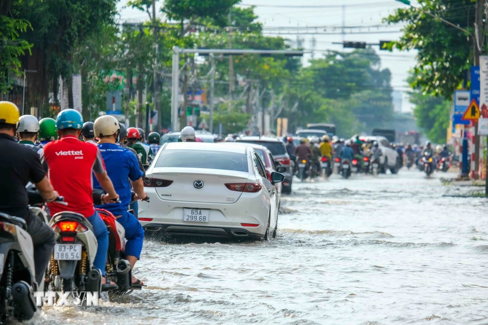 Nước ngập trên đường Cách Mạng Tháng Tám (phường An Thới, quận Bình Thủy) sáng 7/10. (Ảnh: Thanh Liêm/TTXVN)