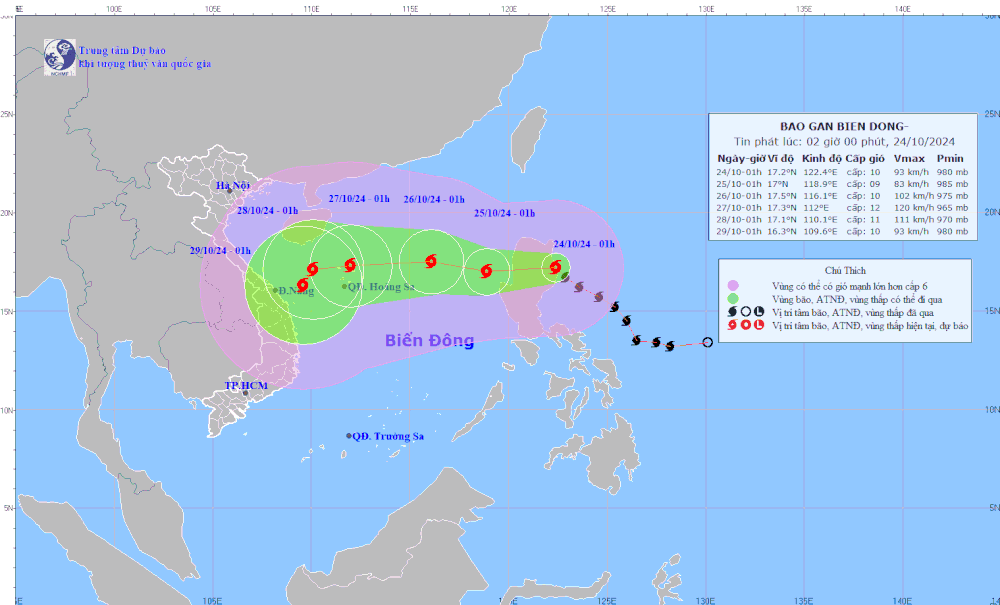 Vị trí và đường đi của bão Trami. (Nguồn: Trung tâm Dự báo Khí tượng Thủy văn Quốc gia)