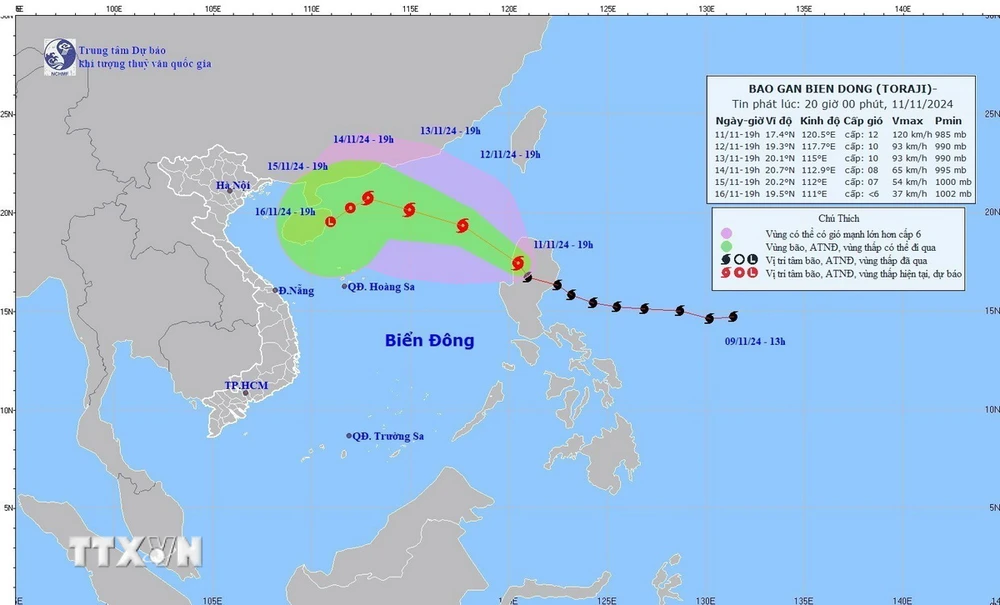 Đường đi của bão Toraji lúc 19h ngày 11/11/2024. (Ảnh: TTXVN phát)