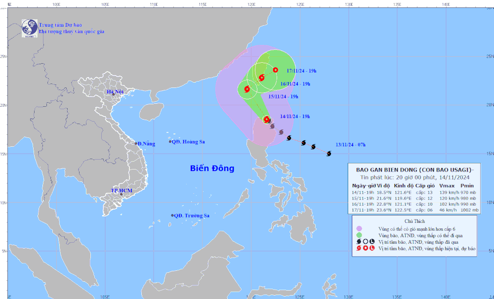 Vị trí và đường đi của bão Usagi. (Nguồn: Trung tâm Dự báo Khí tượng Thủy văn Quốc gia)