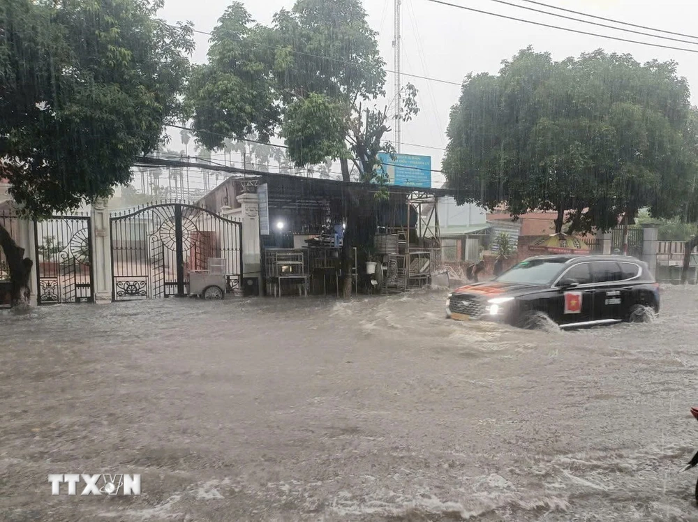 Trận mưa làm ngập khu vực hàng dừa, đường Cách Mạng Tháng Tám, thành phố Thủ Dầu Một, tỉnh Bình Dương hôm 9/11. (Ảnh: Dương Chí Tưởng/TTXVN)