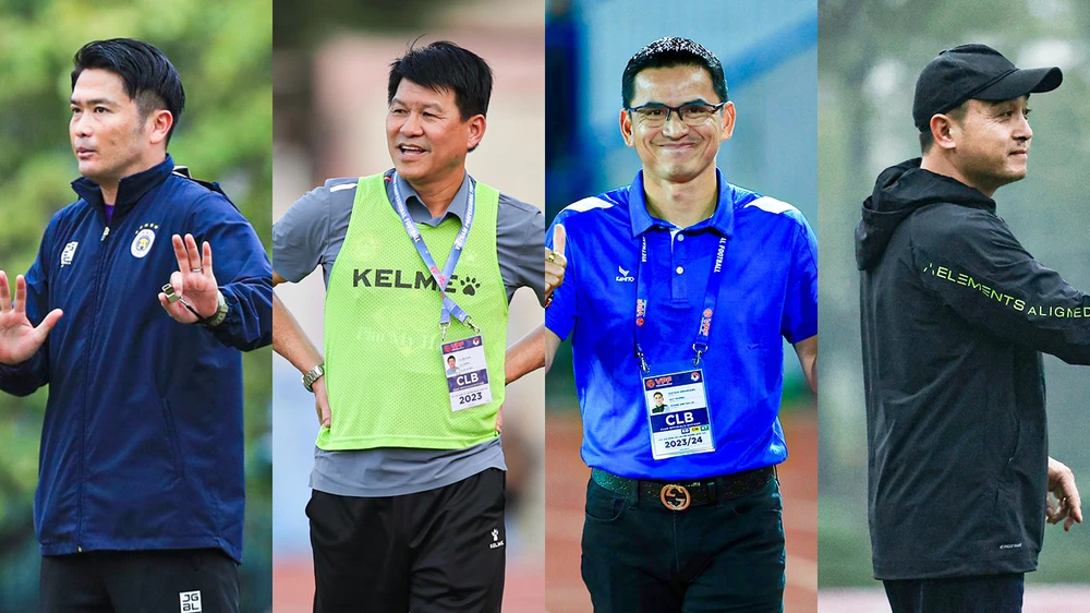 V-League 2023/24 trở lại sau kỳ nghỉ Tết Nguyên đán với 'Vòng đấu của những tân Huấn luyện viên' (từ trái qua) như Iwamasa Daiki, Vũ Tiến Thành, Kiatisuk và Nguyễn Đức Thắng. (Ảnh: VPF)