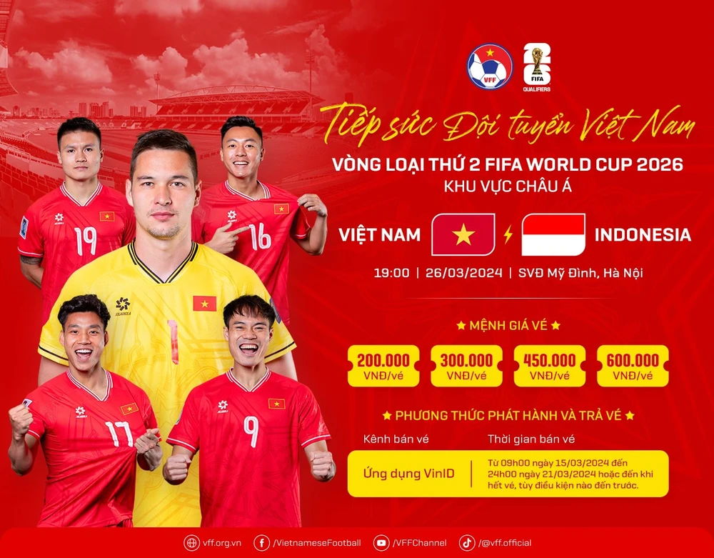 Giá vé chính thức của trận đấu Việt Nam gặp Indonesia trong khuôn khổ lượt về Vòng loại thứ Hai World Cup 2026 khu vực châu Á. (Ảnh: VFF)