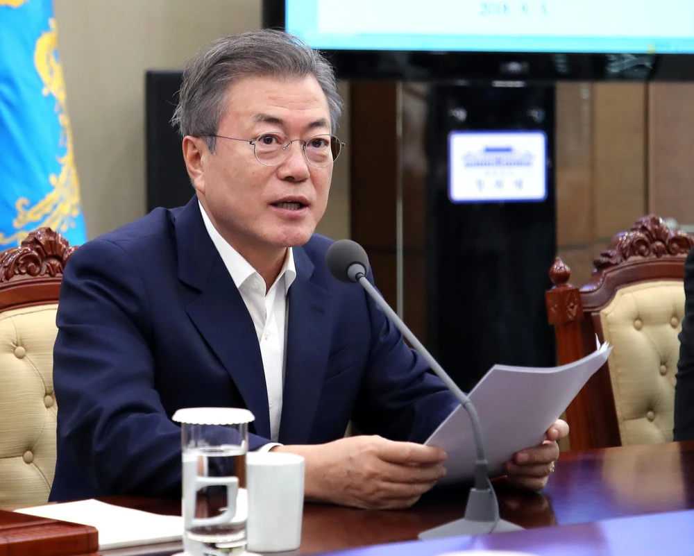 Tổng thống Hàn Quốc Moon Jae-in phát biểu tại cuộc họp ở Seoul. (Ảnh: Yonhap/TTXVN)