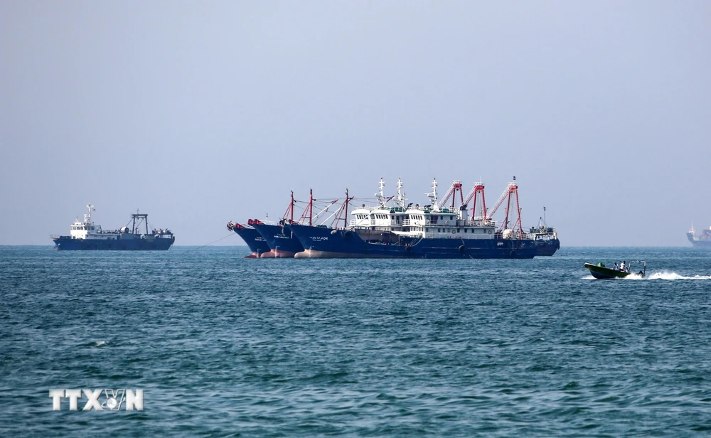 Tàu chở hàng tại khu vực vùng Vịnh, ngoài khơi thành phố cảng Bandar Abbas của Iran. (Ảnh: AFP/TTXVN)