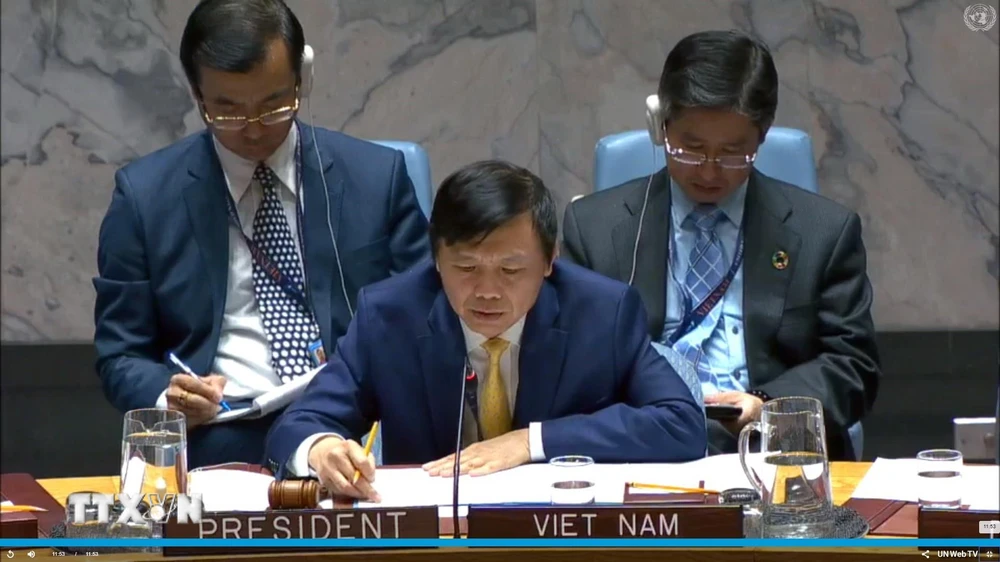 Đại sứ Đặng Đình Quý, Trưởng phái đoàn đại diện thường trực Việt Nam tại Liên hợp quốc phát biểu, chủ trì phiên họp HĐBA. (Ảnh: TTXVN phát)