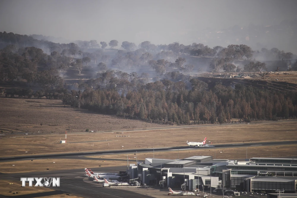 Khói bốc lên từ đám cháy rừng tại khu vực giữa Canberra và Queanbeyan của Australia ngày 22/1/2020. (Ảnh: THX/TTXVN)
