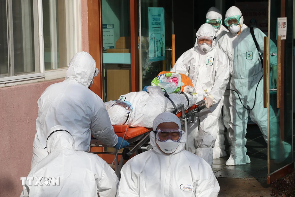 Nhân viên y tế chuyển bênh nhân nghi nhiễm COVID-19 tại Cheongdo, cách thủ đô Seoul của Hàn Quốc 320km về phía đông nam, ngày 21/2/2020. (Ảnh: Yonhap/TTXVN)
