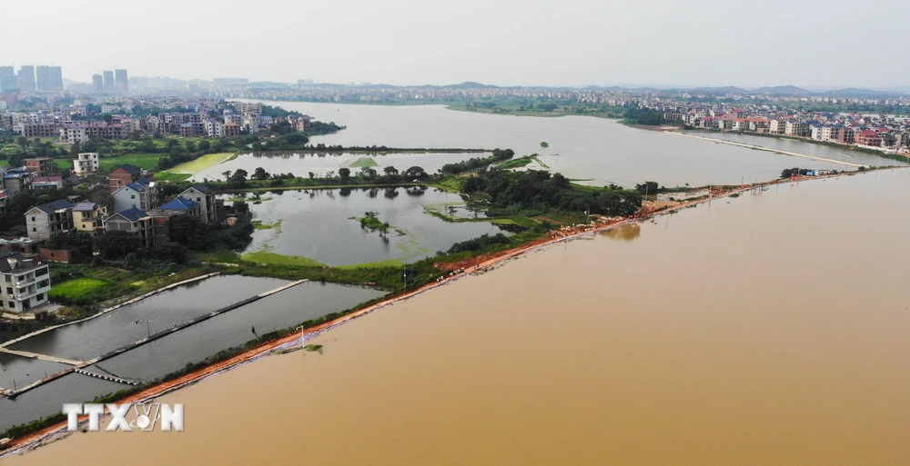 Nước sông tràn bờ do mưa lớn tại tỉnh Giang Tây, Trung Quốc. (Ảnh: THX/TTXVN)