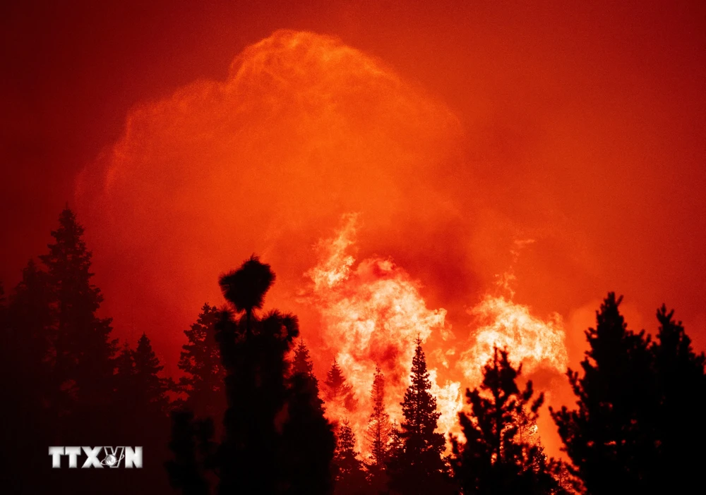 Khói lửa bốc lên tại đám cháy Coldor ở Twin Bridges, bang California, Mỹ ngày 29/8. (Ảnh: AFP/TTXVN)