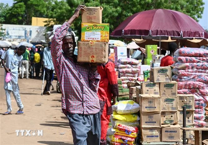 Người dân chuyển lương thực tại khu chợ ở Niamey, Niger. (Ảnh: AFP/TTXVN)