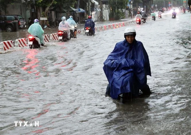 Các phương tiện tham gia lưu thông gặp nhiều khó khăn trên tuyến đường đường 21 tháng 8, phường Phước Mỹ (thành phố Phan Rang-Tháp Chàm) do bị ngập sâu. (Ảnh: Công Thử/TTXVN)