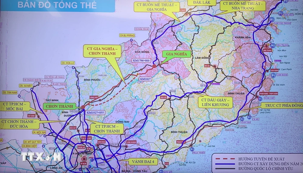 Bản đồ hướng tuyến Dự án Cao tốc Gia Nghĩa (Đắk Nông)-Chơn Thành (Bình Phước). (Ảnh: Dương Giang/TTXVN)