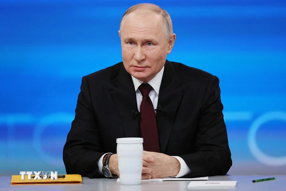 Tổng thống Nga Vladimir Putin tại cuộc họp báo cuối năm ở Moskva ngày 14/12/2023. (Ảnh: AFP/TTXVN)