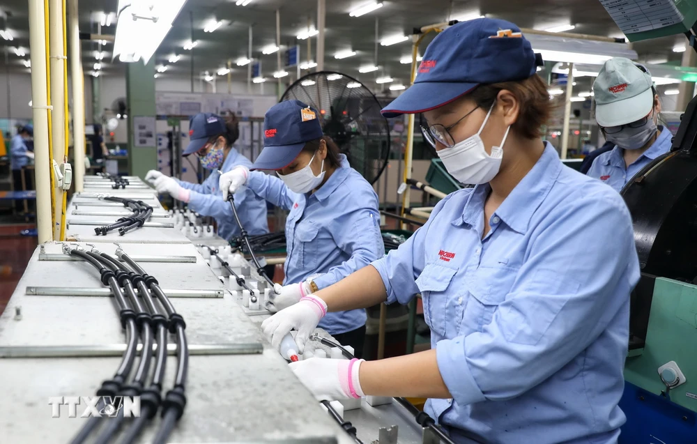Dây chuyền sản xuất các loại ống và dây dẫn phanh, ống trợ lực tay lái,... cho xe máy, ôtô của Công ty TNHH Nichirin Việt Nam, 100% vốn đầu tư Nhật Bản, tại Bắc Giang. (Ảnh: Danh Lam/TTXVN)