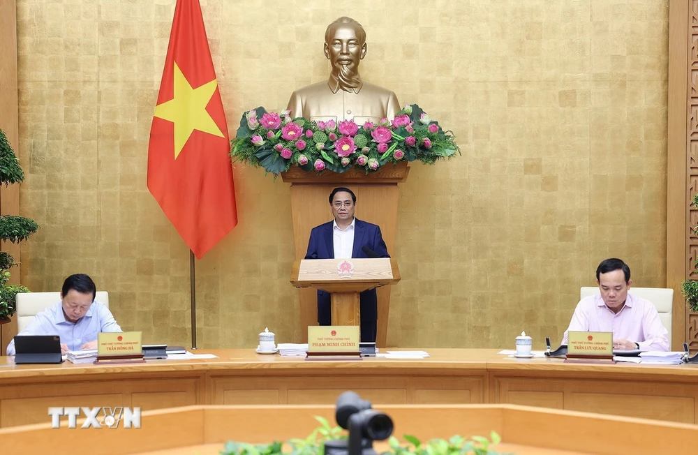 Thủ tướng Phạm Minh Chính chủ trì phiên họp Chính phủ thường kỳ tháng 3/2024 và Hội nghị Chính phủ với địa phương. (Ảnh: Dương Giang/TTXVN)