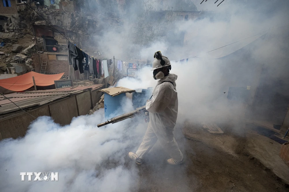 Nhân viên y tế phun thuốc diệt muỗi nhằm ngăn chặn sự lây lan của bệnh sốt xuất huyết tại San Juan de Lurigancho, Lima (Peru). (Ảnh: AFP/TTXVN)