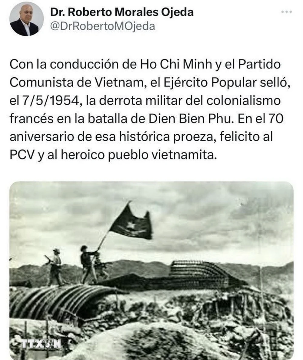 Trong thông điệp đăng tải trên mạng xã hội, ông Morales Ojeda nêu bật vai trò lãnh đạo của Chủ tịch Hồ Chí Minh, Đảng Cộng sản và Quân đội nhân dân Việt Nam trong chiến thắng “lừng lẫy năm châu, chấn động địa cầu” ghi dấu thất bại của thực dân Pháp. (Ảnh: Mai Phương/TTXVN)