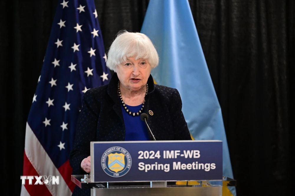Bộ trưởng Tài chính Mỹ Janet Yellen phát biểu tại Washington, DC, Mỹ, ngày 17/4. (Ảnh: AFP/TTXVN)