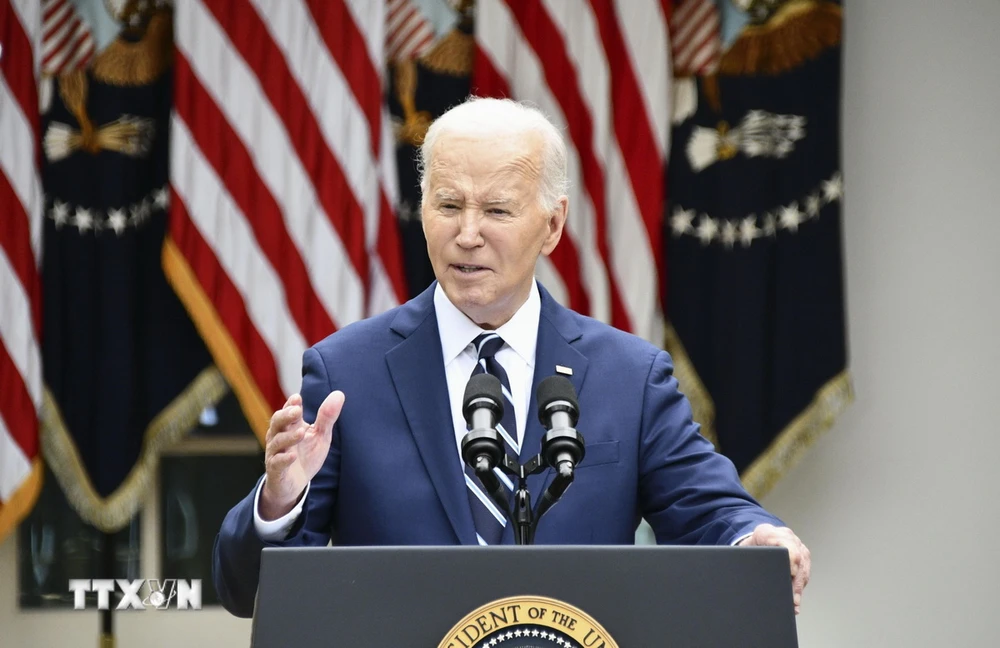 Tổng thống Mỹ Joe Biden phát biểu tại Nhà Trắng ở Washington DC.. (Ảnh: Kyodo/TTXVN)