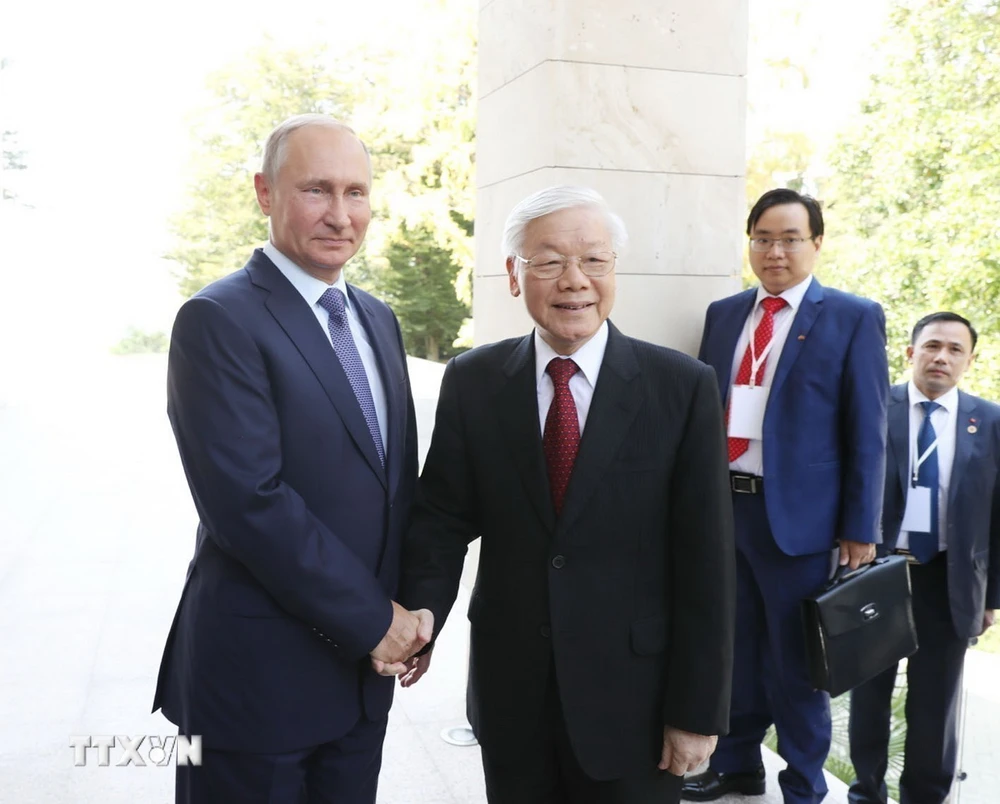 Tổng thống Vladimir Putin đ&oacute;n Tổng B&iacute; thư Nguyễn Ph&uacute; Trọng thăm ch&iacute;nh thức Li&ecirc;n bang Nga (6/9/2018). (Ảnh: Tr&iacute; Dũng/TTXVN)