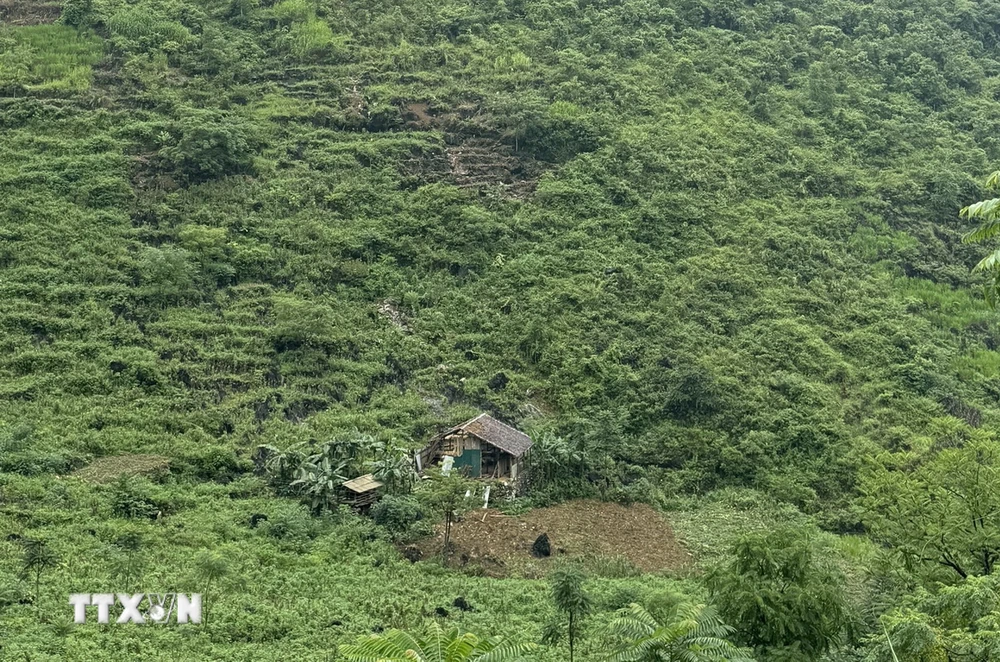 Vị trí ngôi nhà ở xóm Lũng Tu, xã Thượng Thôn, huyện Hà Quảng, tỉnh Cao Bằng bị đá lở. (Ảnh: TTXVN phát)