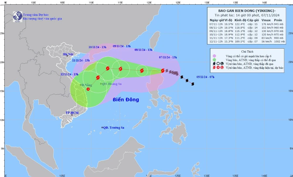 Hướng đi của cơn bão. (Ảnh: Trung tâm Dự báo Khí tượng Thủy văn Quốc gia)