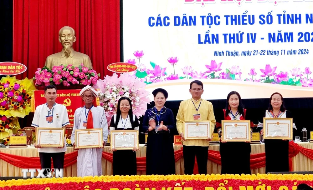 Các tập thể, cá nhân có thành tích xuất sắc trong công tác dân tộc nhận Bằng khen của Bộ Trưởng, Chủ nhiệm Ủy ban Dân tộc. (Ảnh: Nguyễn Thànn/TTXVN)