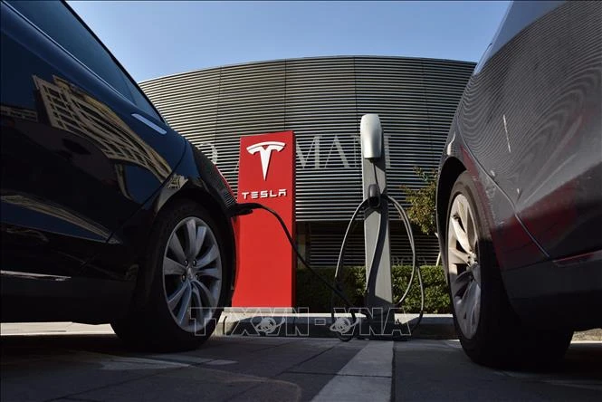 Xe điện của Tesla tại một trạm sạc điện ở Bắc Kinh (Trung Quốc). (Ảnh: AFP/TTXVN)