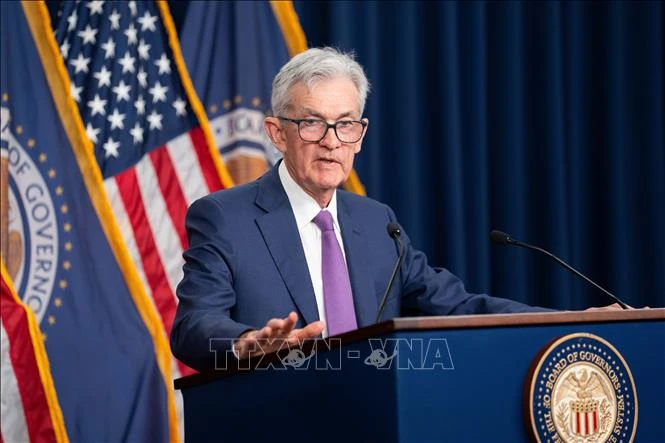 Chủ tịch FED Jerome Powell trong cuộc họp báo công bố chính sách của FED tại Washington, DC.(Ảnh: THX/TTXVN)