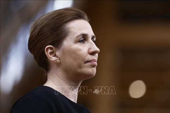 Thủ tướng Đan Mạch Mette Frederiksen trong một cuộc họp báo ở Brussels, Bỉ ngày 18/4/2024. (Ảnh: AFP/TTXVN)