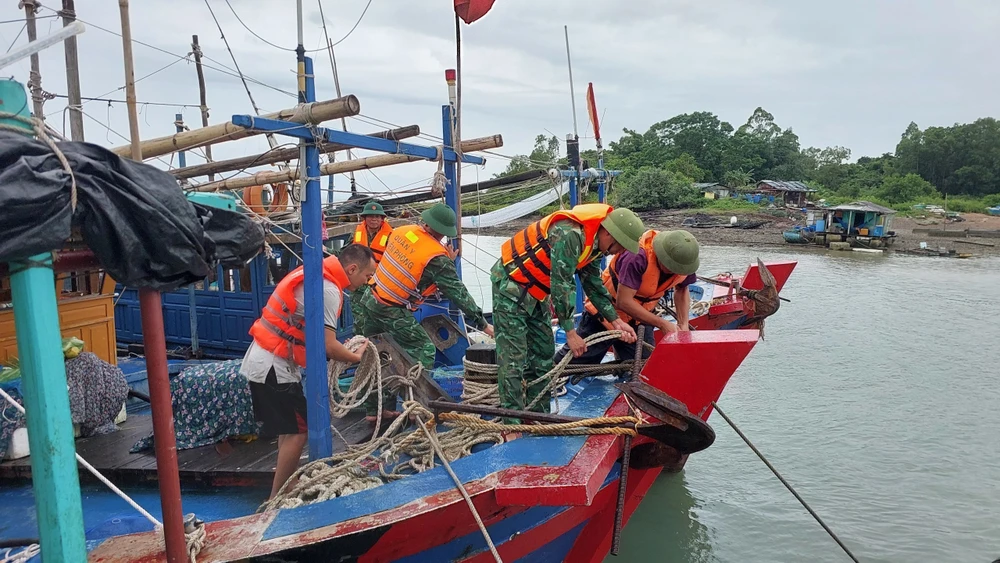 Chính quyền xã Vĩnh Trung (TP Móng Cái) phối hợp với Đồn Biên phòng cửa khẩu cảng Vạn Gia cùng nhân dân cố định, neo đậu tàu, thuyền tránh bão số 2. (Ảnh: TTXVN phát)