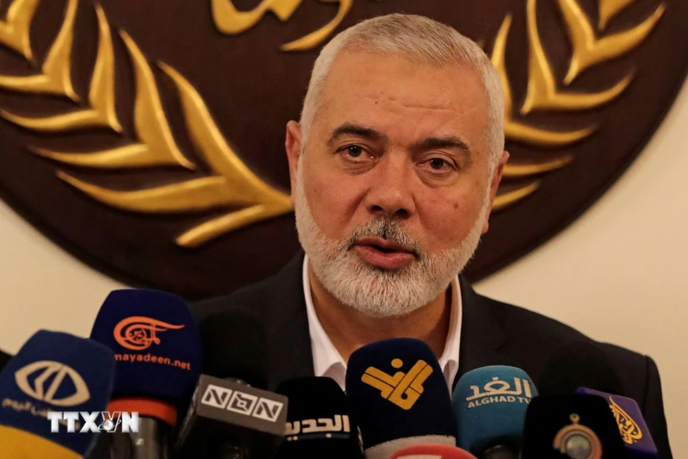 Thủ lĩnh phong trào Hồi giáo Hamas Ismail Haniyeh phát biểu trong cuộc họp báo ở Beirut, Liban ngày 22/6/2022. (Ảnh: AFP/TTXVN)