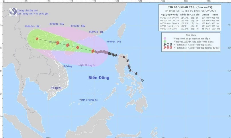 Đường đi của Bão số 3 cập nhật lúc 16 giờ ngày 5/9/2024. (Ảnh: TTXVN phát)
