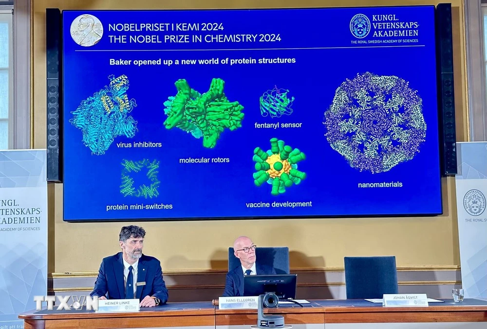 Lễ công bố giải Nobel Hóa học năm 2024 tại Viện Hàn lâm Khoa học Hoàng gia Thụy Điển ở Stockholm, ngày 9/10/2024. (Ảnh: AA/TTXVN)