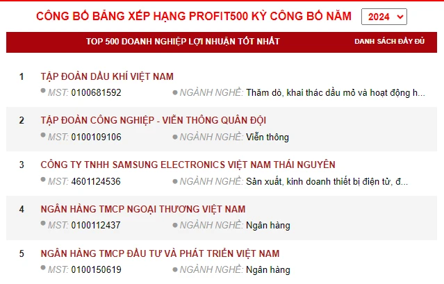 Bảng xếp hạng Profit500 kỳ công bố Năm 2024. (Nguồn: Profit500)