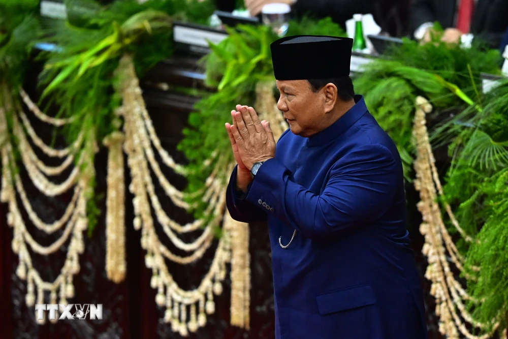 Tân Tổng thống Indonesia Prabowo Subianto tại lễ tuyên thệ nhậm chức trước Quốc hội ở Jakarta. (Ảnh: THX/TTXVN)