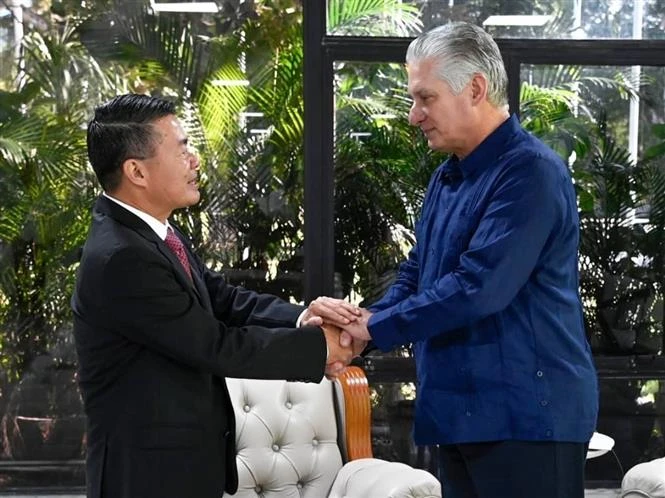 Bí thư thứ Nhất Ban Chấp hành Trung ương Đảng Cộng sản, Chủ tịch nước Cộng hòa Cuba Miguel Díaz-Canel Bermúdez tiếp Đại sứ Việt Nam tại Cuba Lê Thanh Tùng. (Ảnh: Mai Phương/TTXVN)