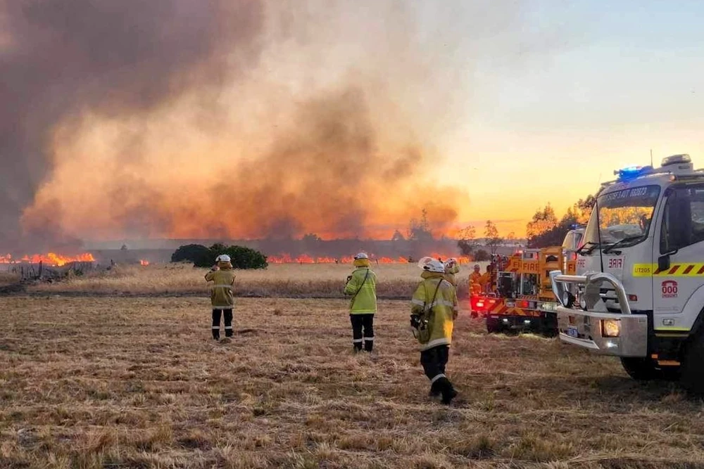 Lực lượng cứu hỏa được triển khai để dập đám cháy rừng ở phía Bắc thành phố Perth (Australia), ngày 23/11/2023. (Ảnh: AFP/TTXVN)