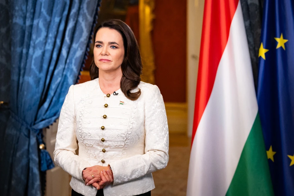 Tổng thống Hungary Katalin Novak tuyên bố từ chức tại Phủ Tổng thống ở Budapest, ngày 10/2/2024. (Ảnh: AFP/TTXVN)