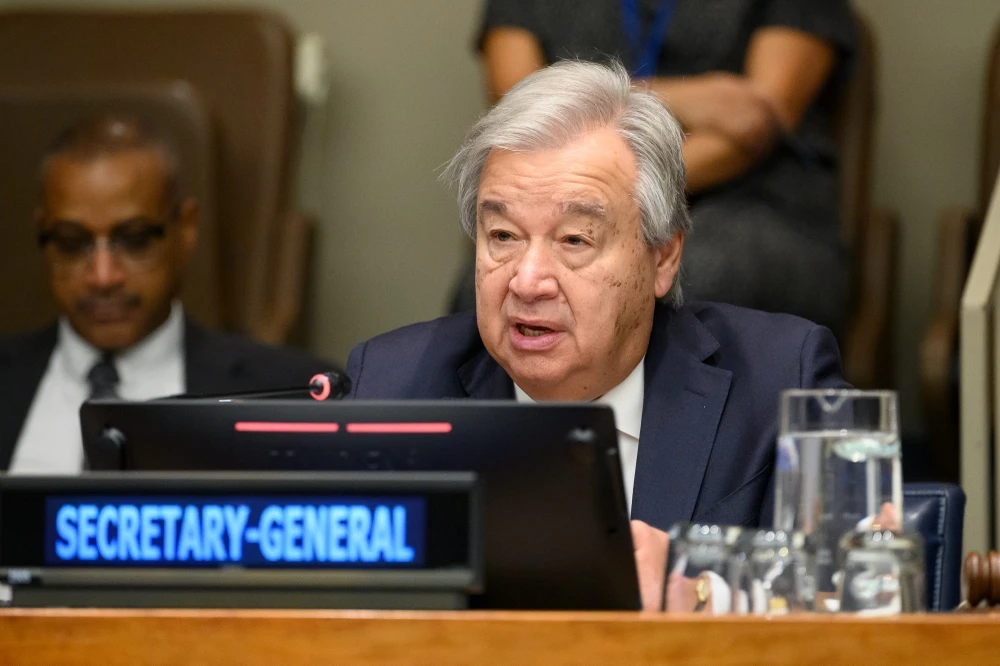 Tổng Thư ký Liên hợp quốc Antonio Guterres phát biểu tại phiên họp cấp cao của Đại Hội đồng Liên hợp quốc nhân Ngày Quốc tế Xóa bỏ Hoàn toàn Vũ khí Hạt nhân, ở New York (Mỹ), ngày 26/9/2023. (Ảnh: THX/TTXVN)