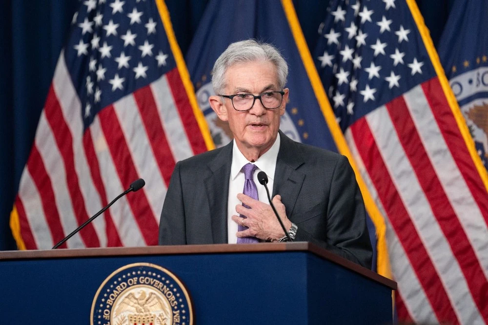 Chủ tịch Fed Jerome Powell phát biểu trong cuộc họp báo ở Washington D.C. ngày 20/3/2024. (Ảnh: THX/TTXVN)