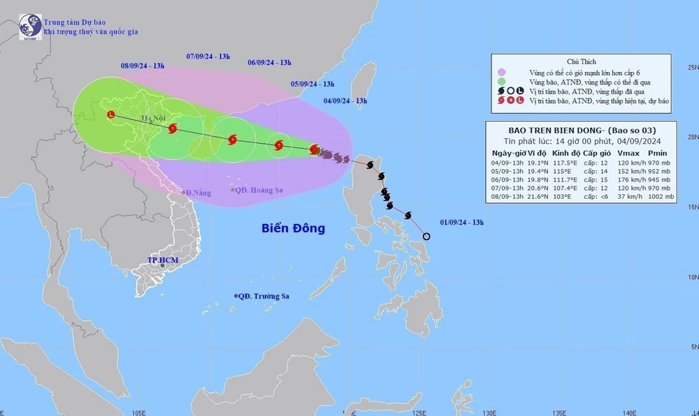 Bản đồ đường đi của bão số 3 lúc 13h ngày 4/9/2024. (Ảnh: TTXVN phát)