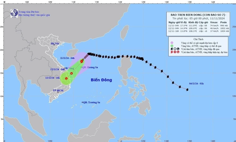 Hướng di chuyển của bão số 7 cập nhật lúc 4h sáng 11/11. (Ảnh: TTXVN phát)