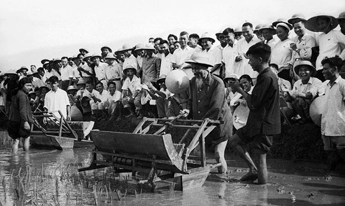 Chủ tịch Hồ Chí Minh đến thăm Sở Nông Lâm Hà Nội và sử dụng thử chiếc máy cấy tại ruộng thí nghiệm của Sở (7/1960). (Nguồn: TTXVN)