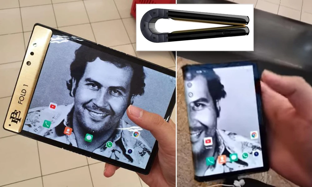 Chiếc điện thoại Escobar Fold 1 với hình nền màn hình là trùm ma túy Pablo Escobar. (Nguồn: Escobar Inc.)